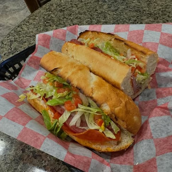 Two deli subs with salami, lettuce, and tomatoes, served in a basket with checkered paper.