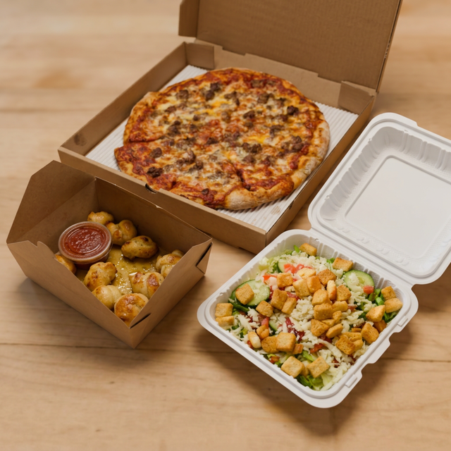 #1 Two Large 1 Topping Pizzas, Large House Salad, (12 Pieces) Garlic Knots & (4) Small Fountain Drinks, or 2-Liter.